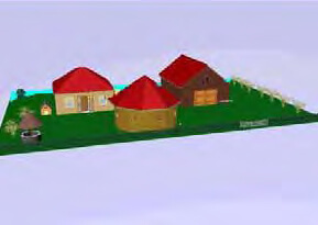 Figura da esquerda: vista superior. Um terreno verde. No primeiro plano, à esquerda, um poço d’água. Ao lado direito, uma casa redonda bege, com telhado vermelho. Atrás, duas casas em tons de marrom mais claro e mais escuro, com telhado vermelho. Entre as casas e ao lado, plantas. Atrás das casas, um rio. Figura da direita: vista frontal da mesma imagem.